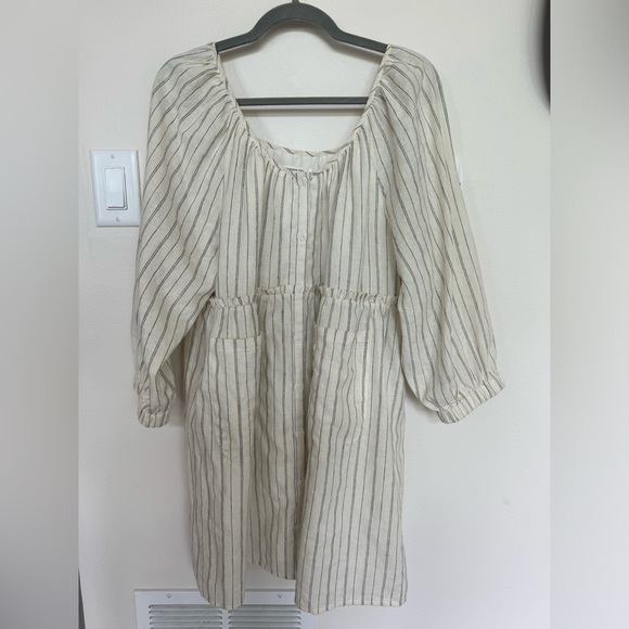 Emerson Fry Jasmine Button Dress. Ivory hemp stripe organic. Size Large. - Picture 3 of 8